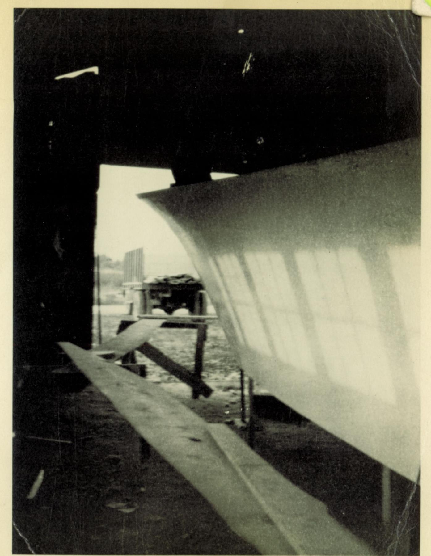 Hull under construction in Bronza's boat shed. Undated.