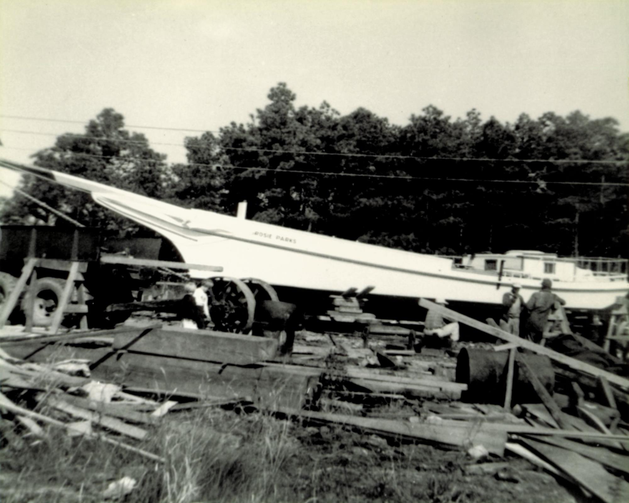 Skipjack Rosie Parks being prepared for transport and launching. 26 October 1955.