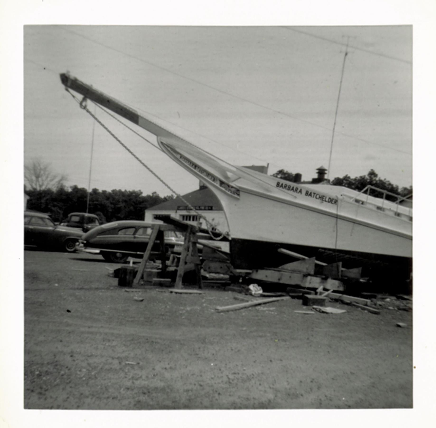 The Du Ponts' skipjack yacht Barbara Batchelder ready for launch near Bronza's boatyard. Autumn 1955 or spring 1956.