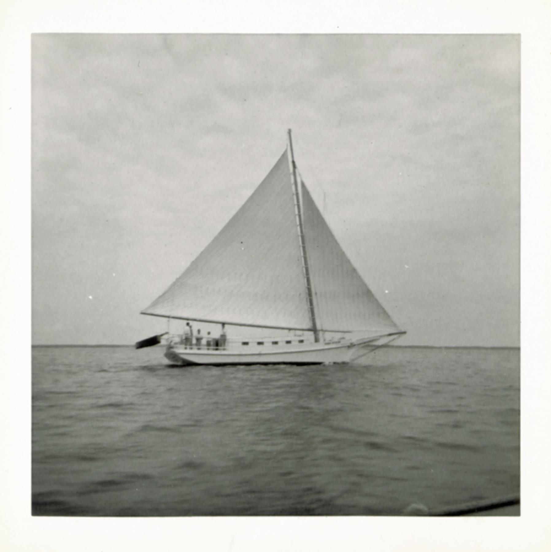 The skipjack yacht Barbara Batchelder under sail. Location and date unknown, probably 1956.