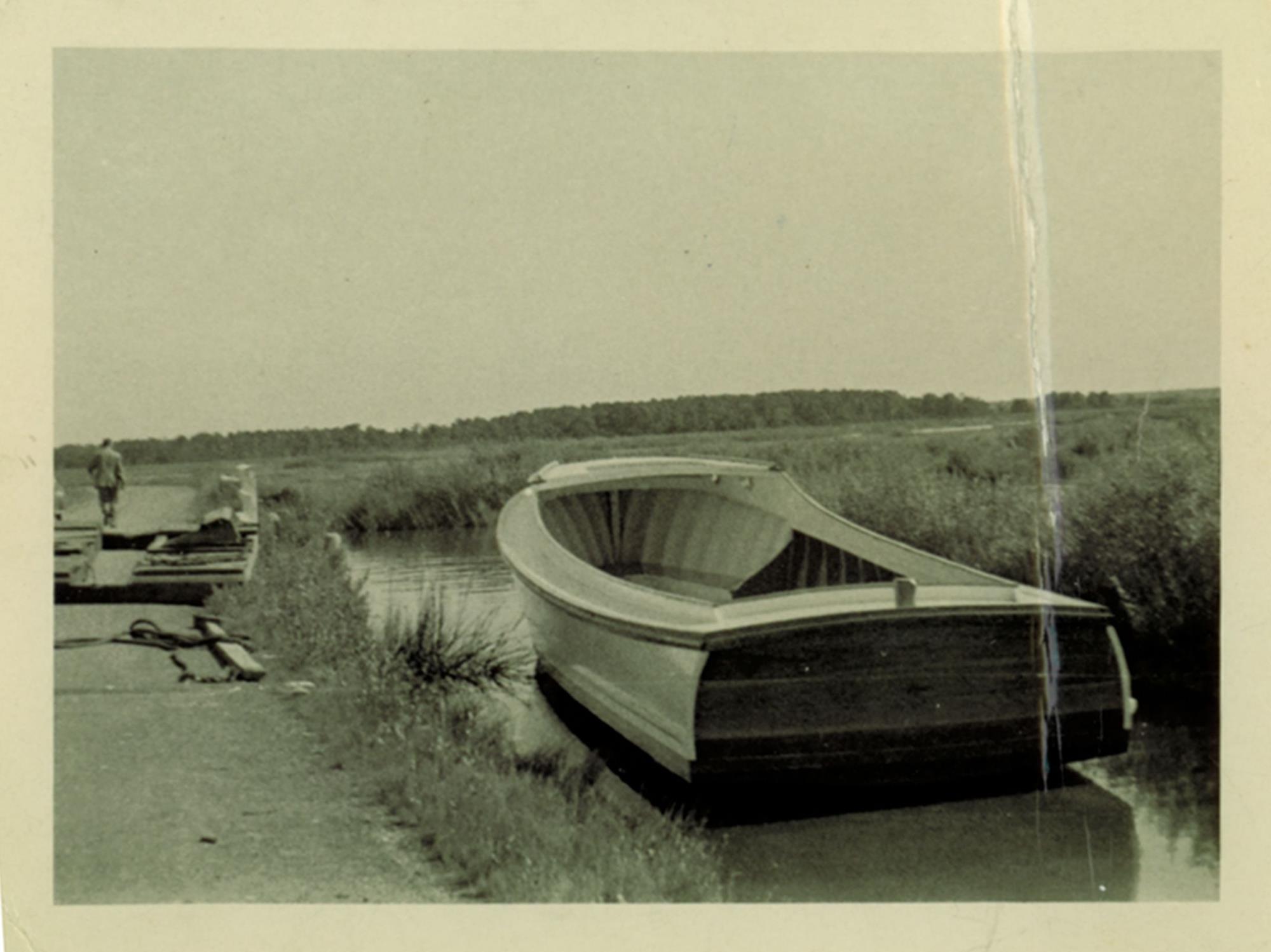 Deadrise workboat launched into the ditch near Bronza's boatyard. Undated.