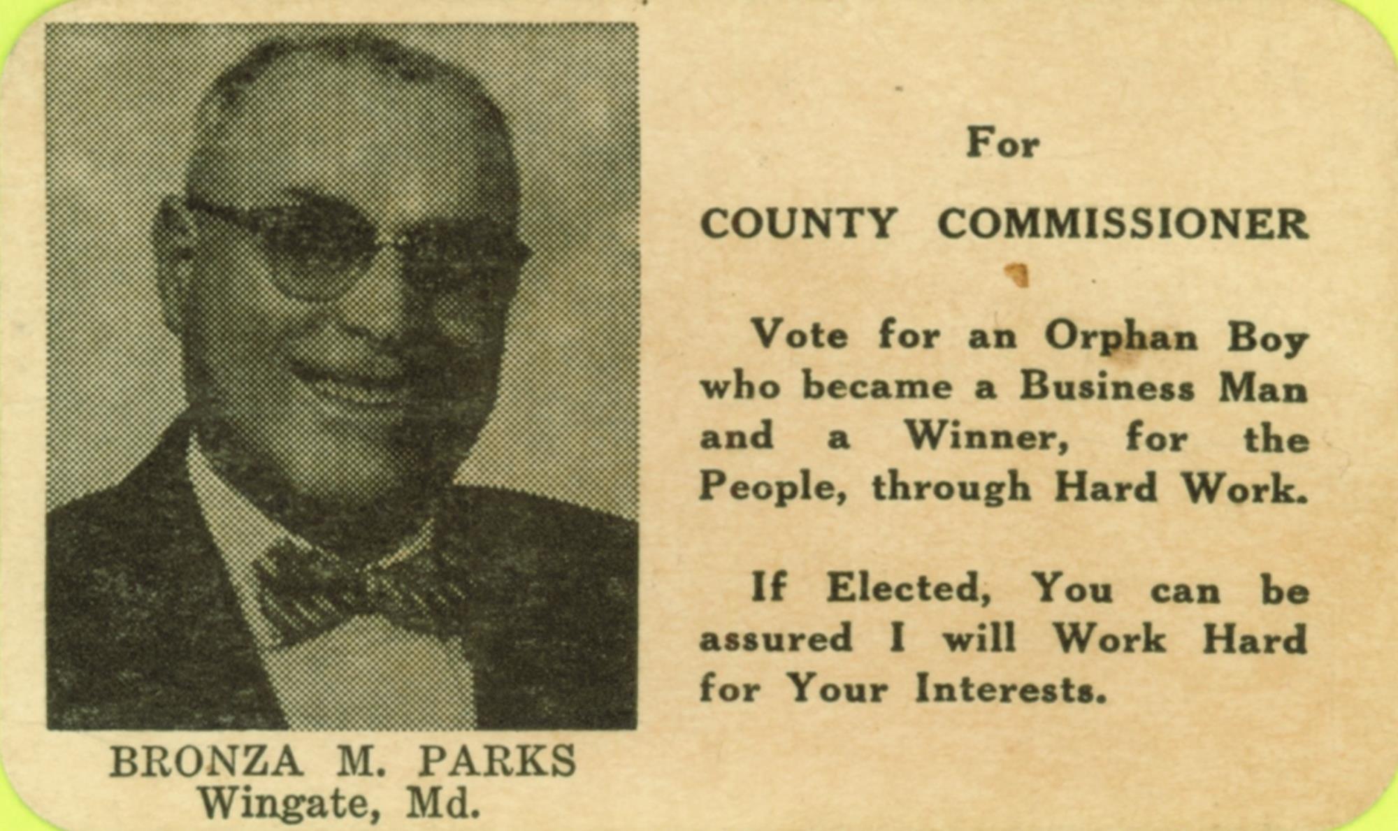 Bronza Parks campaign business card. Probably 1958.