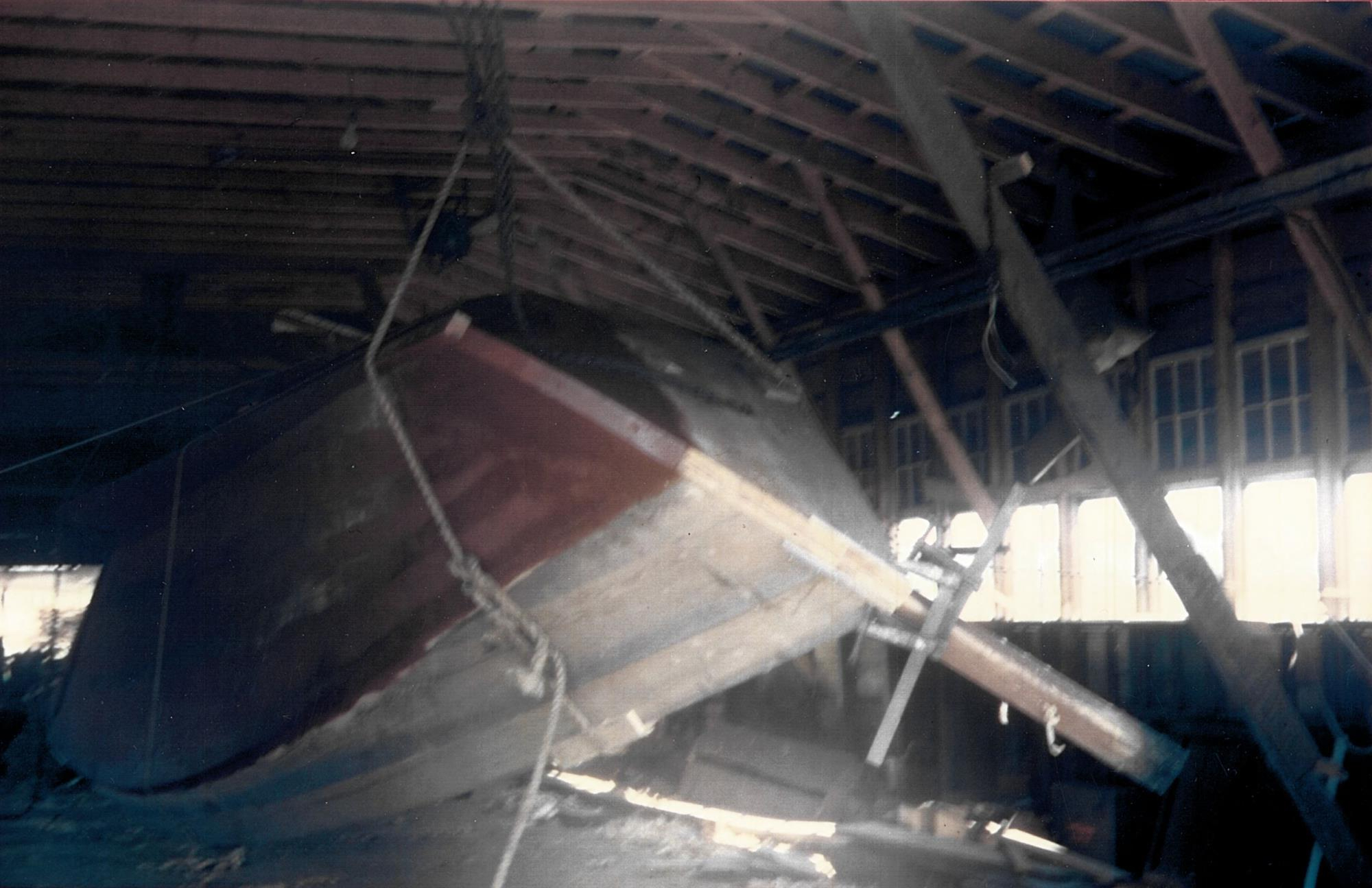 Smaller flat-bottom and deadrise (v-bottom) workboats were planked while upside down, then turned over for interior work. Undated.