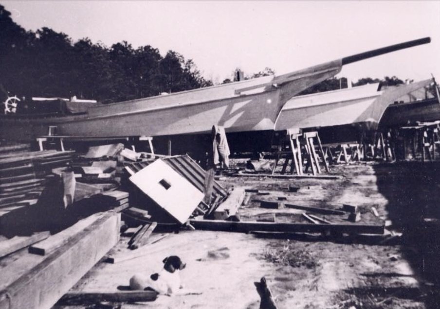 Bronza Parks's three skipjacks - Martha Lewis, Rosie Parks, and Lady Katie - under construction at Wingate, Md., in 1955.
