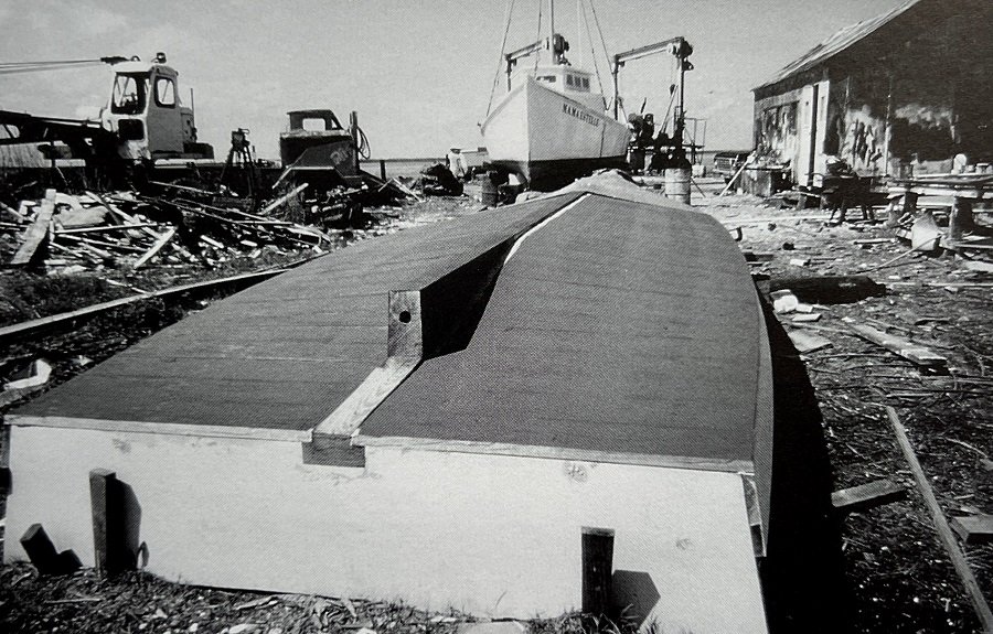 Crab-scrape Darlene under construction at Rhodes Point in the 1980s